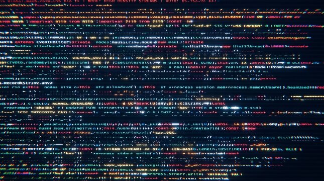 Digital data stream displaying programming code on a screen with glitch effect