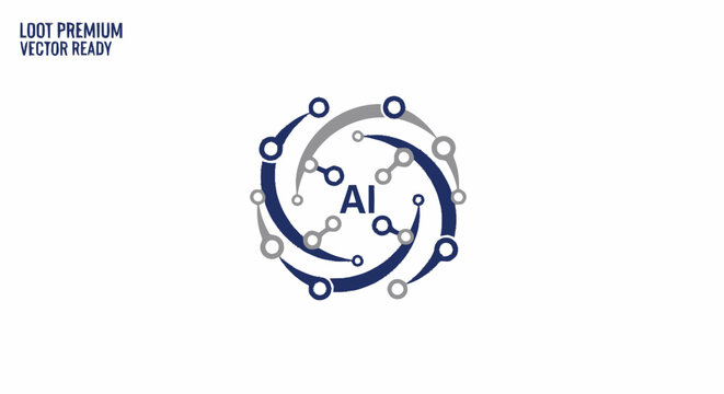 Artificial intelligence logo design with circular digital circuit network nodes representing technology and machine learning.