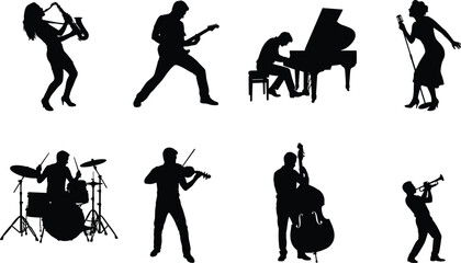 Live music performance and band musicians vector icon set featuring black silhouettes of saxophone guitar piano drums and violin players © MstMinara