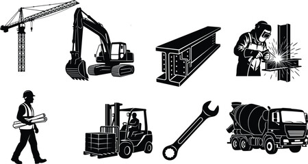 Heavy building construction and engineering industry vector icon set featuring black silhouettes of excavator tower crane welding worker and mixer truck © MstMinara