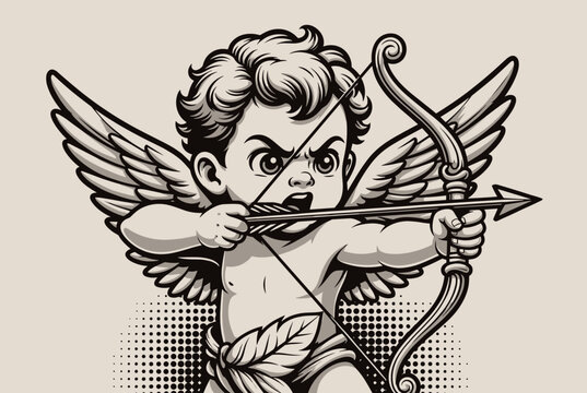Muscular cartoon Cupid with wings prepares to shoot arrow from his bow in classic monochromatic line art illustration style.