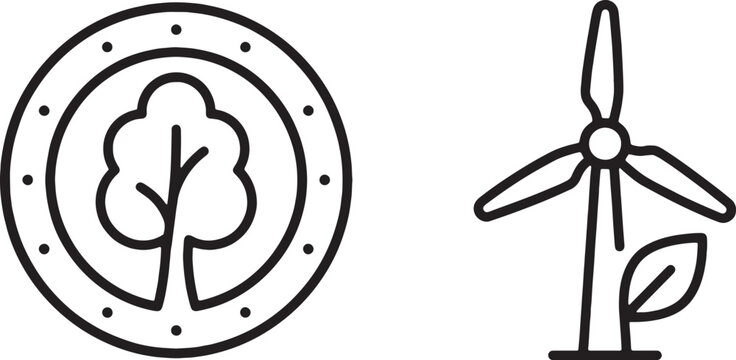Art & Illustration, Tree branch inside badge and functional wind turbine generator energy conservation linear icons set for alternative renewable power grids
