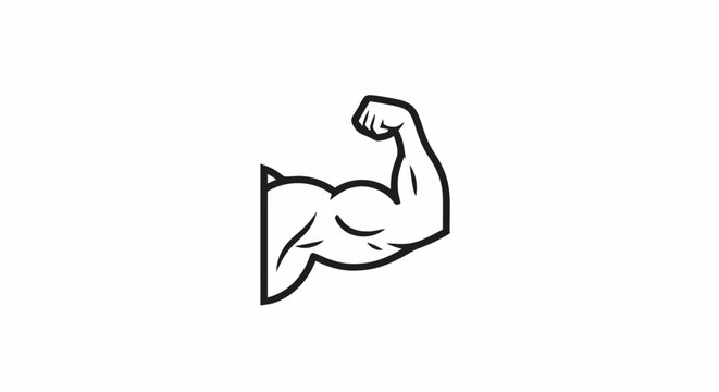 Black and white line art icon of a strong flexing bicep muscle arm representing fitness and strength.