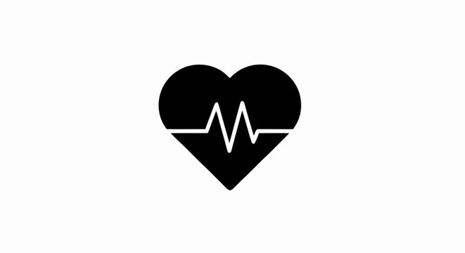 Black heart icon with heartbeat line representing medical health and cardiology pulse.