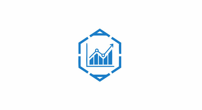 Blue business growth chart icon with upward trend arrow in hexagon frame isolated on white background.