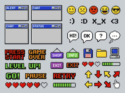 Retro 8-bit pixel art user interface elements and icons collection.