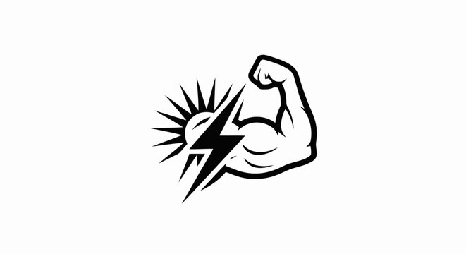 Black and white vector icon of a flexing bicep muscle arm with a lightning bolt and sunburst.
