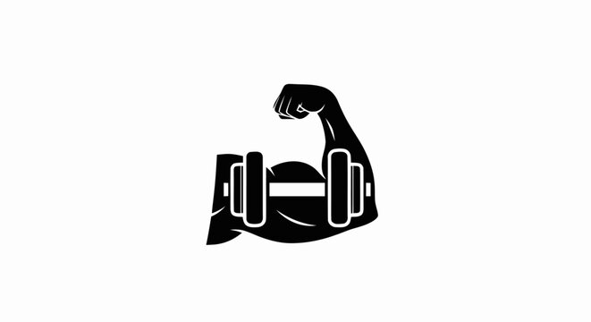Black silhouette icon of a flexing bicep arm holding a dumbbell for fitness and bodybuilding logo.