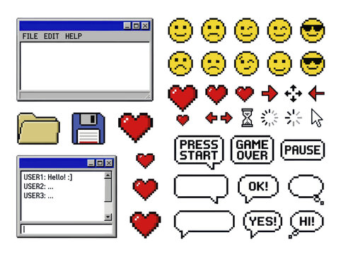 Retro Pixel Art Elements Collection for Digital Design and Gaming Interfaces.