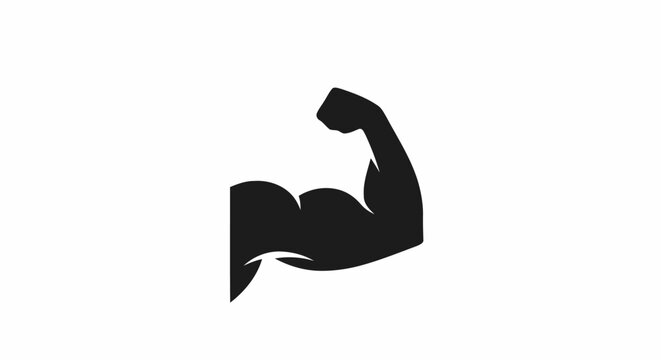 Black silhouette icon of a flexing bicep muscle representing strength and fitness.
