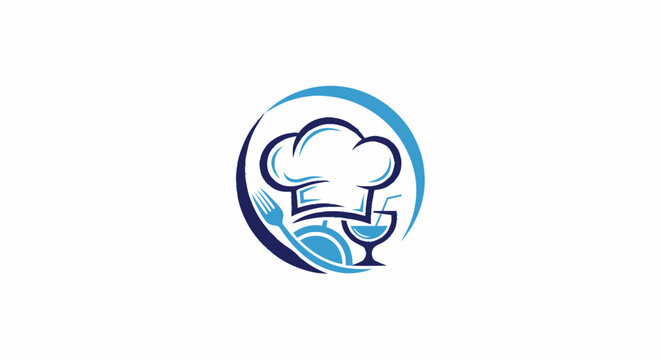 Blue chef hat logo design with fork spoon and drink glass icon for restaurant catering business.