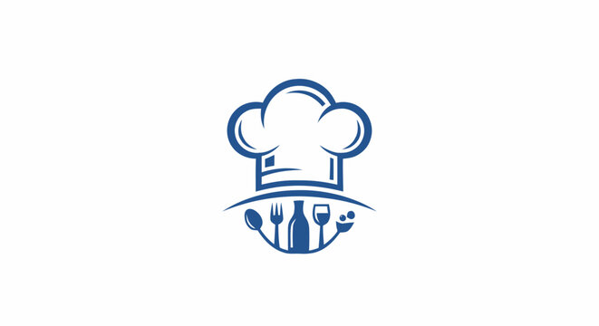 Blue chef hat logo with kitchen utensils spoon fork bottle and glass for restaurant branding.