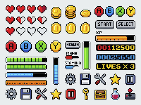 Retro Video Game User Interface Elements Collection.