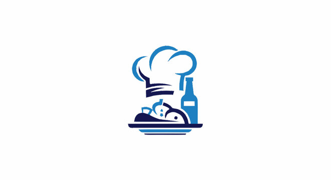 Blue chef hat logo with plate of food and bottle illustration.