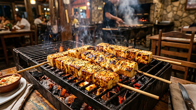 Golden grilled queijo coalho skewers with oregano and crispy crust over hot charcoal, authentic Brazilian churrasco snack, rustic restaurant style presentation, dramatic lighting, highly detailed.