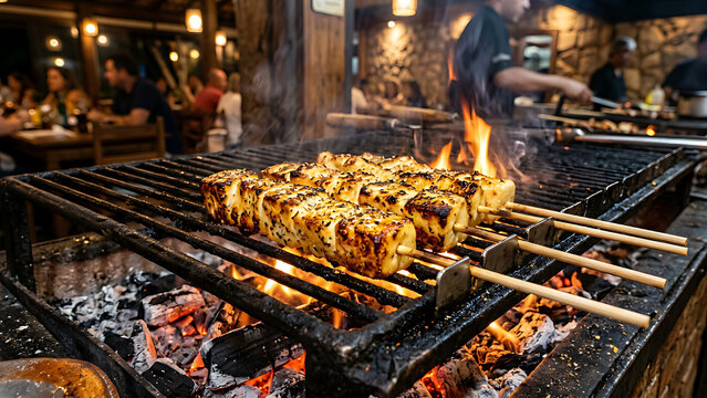 Golden grilled queijo coalho skewers with oregano and crispy crust over hot charcoal, authentic Brazilian churrasco snack, rustic restaurant style presentation, dramatic lighting, highly detailed.