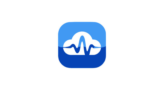 Blue cloud music app icon with soundwave symbol on white background.