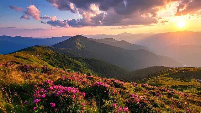 Vibrant pink flowers bloom on a mountain ridge during a golden sunset