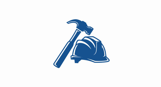 Blue construction icon featuring a hammer and a hard hat representing labor and building industry.