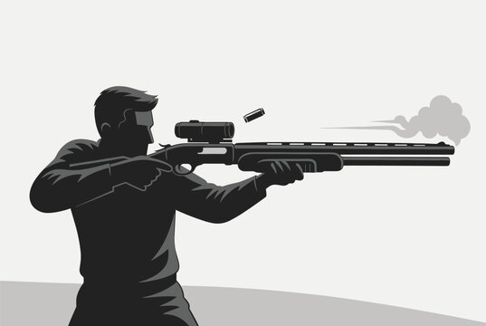 Silhouette of a man firing a shotgun equipped with a scope with smoke billowing from the barrel in a minimalist graphic style.