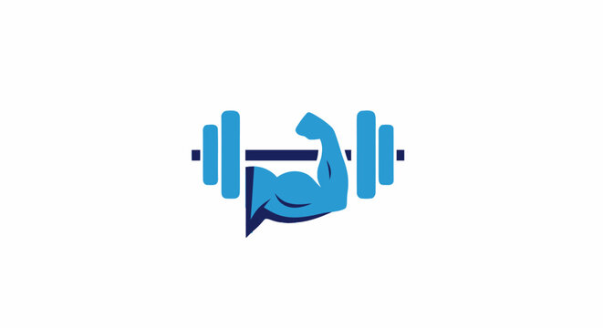 Blue fitness logo icon featuring a strong flexed bicep arm lifting a heavy barbell.