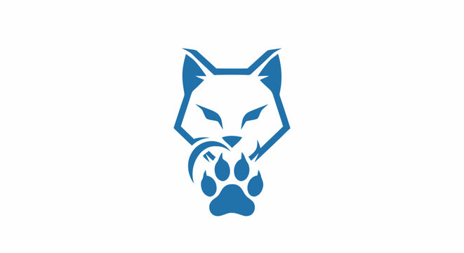 Blue wolf head logo with animal paw print vector illustration on white background.