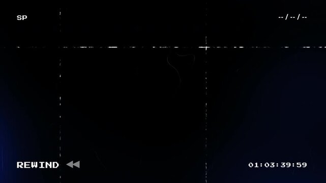Retro VHS Rewind Screen with Glitch Effects and Digital Timecode on Dark Blue Background. Analog Video Tape Interface with Static Noise and Scanlines for Nostalgic Visuals