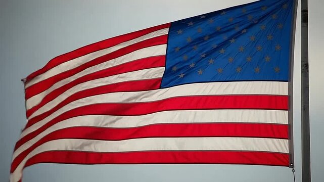 A national flag with red and white stripes ripples in the wind