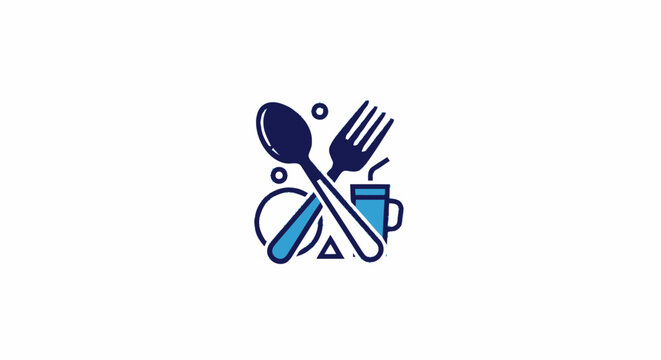 Blue restaurant icon with crossed spoon and fork plate and cup vector illustration.