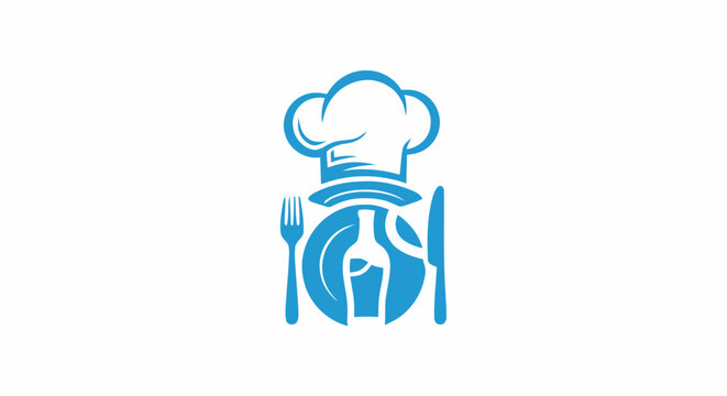 Blue restaurant logo icon featuring a chef hat plate bottle fork and knife.