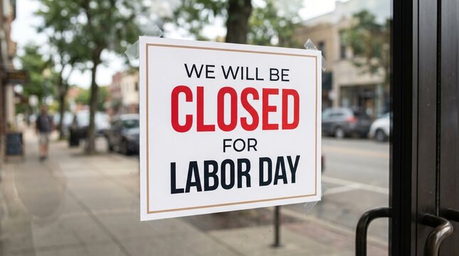 Temporary Business Closure Announcement for Labor Day Weekend Displayed on a Retail Shop Window