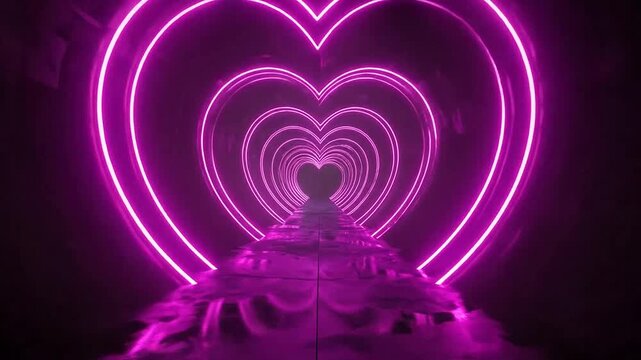 A futuristic tunnel of glowing pink neon heart shapes