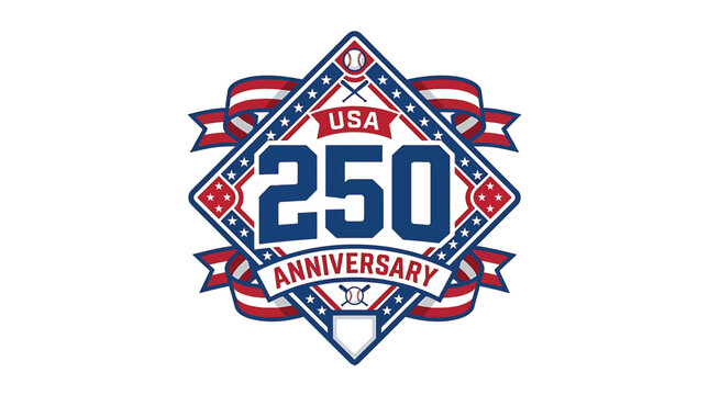 Usa 250 anniversary logo design, baseball themed emblem for united states semiquincentennial celebration, patriotic sports graphic with baseballs, bats, and home plate
