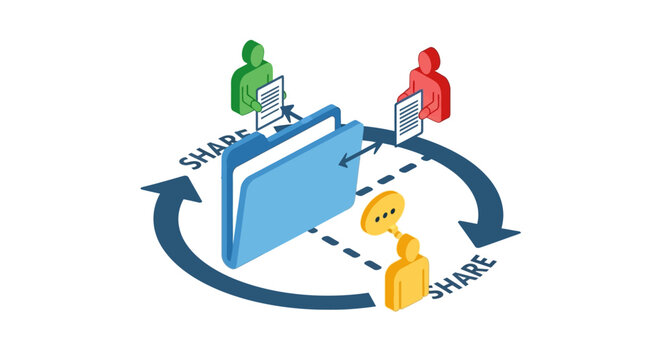 Isometric collaboration diagram with people sharing files in folder
