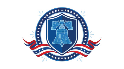 Fototapeta premium Liberty bell emblem with shield, stars, and patriotic ribbon banner, vector illustration representing american independence and freedom