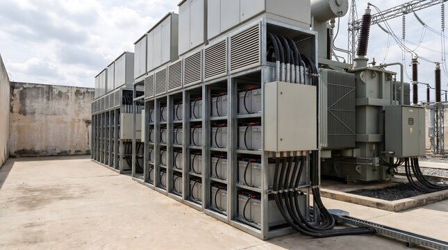 Industrial power substation with transformers and electrical equipment, energy infrastructure and technology macro close-up, technology detail, industrial background