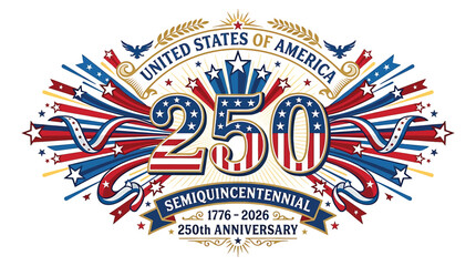 United states of america 250th anniversary semiquincentennial logo, 17762026, usa 250 celebration emblem with patriotic elements, stars and stripes, red white and blue design, vector illustration © Hikari Vector Studio