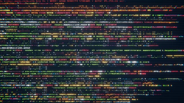 Digital data stream displaying programming code on a screen with glitch effect