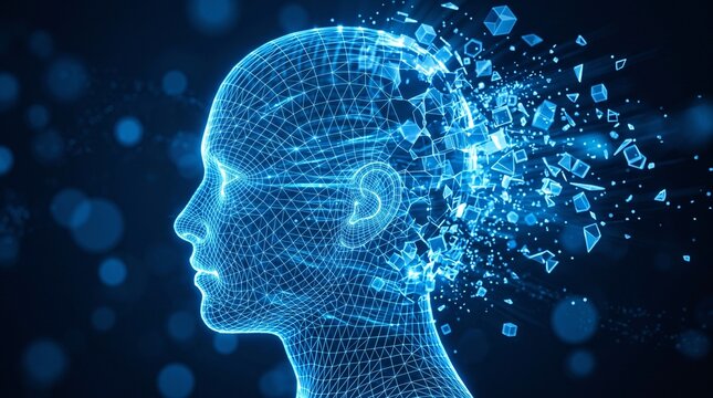 Technology Concept of a Human Mind Transforming into Digital Data and Artificial Intelligence