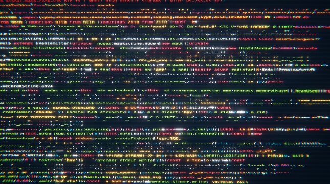 Digital data stream displaying programming code on a screen with glitch effect