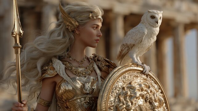 Greek mythology goddess. A detailed digital artwork depicts a female warrior in a regal pose, holding a spear and shield. She wears ornate gold and silver armor with intricate designs and jewelry.