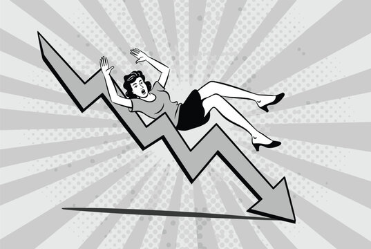 Worried woman falling alongside a sharp downward trending financial arrow against a ray background in black and white pop art style.