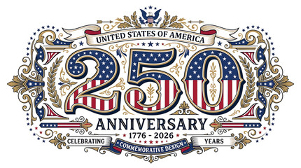 United states of america 250th anniversary commemorative design, 17762026, semiquincentennial celebration, patriotic typography with american flag pattern, vintage style vector illustration © Hikari Vector Studio