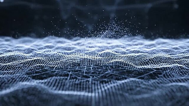 Abstract digital wave of glowing blue particles on dark background