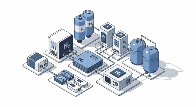 Isometric industrial equipment and machinery illustration.
