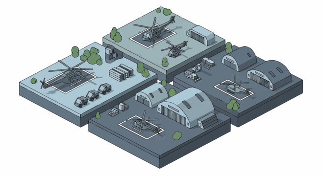 Isometric Military Base with Helicopters and Buildings.
