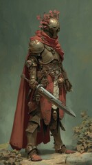 Fototapeta premium Fantasy, mysterious, wallpaper. A detailed digital painting depicts a medieval knight in full armor, standing in a forest. The knight wears a helmet adorned with a wreath of red leaves.