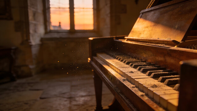 harpsichord. Quiet room in an old castle at dusk, a dusty harpsichord in warm fading light. travel magazines, destination branding, designed for travel destination branding, used by brand managers.