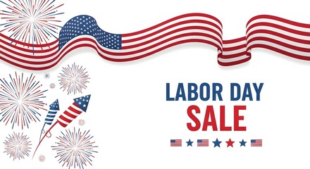 Obraz premium Labor day sale banner with waving american flag and fireworks isolated on white background
