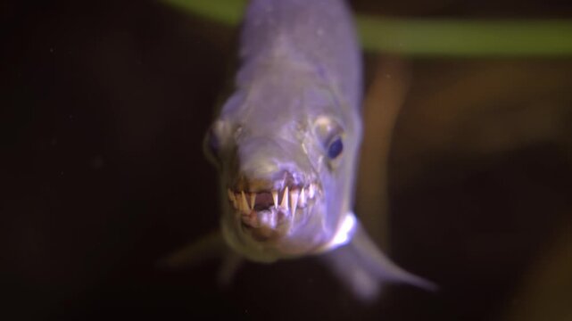 Front view of payara vampire fish swimming in dark aquarium showing long sharp fangs and predatory features.